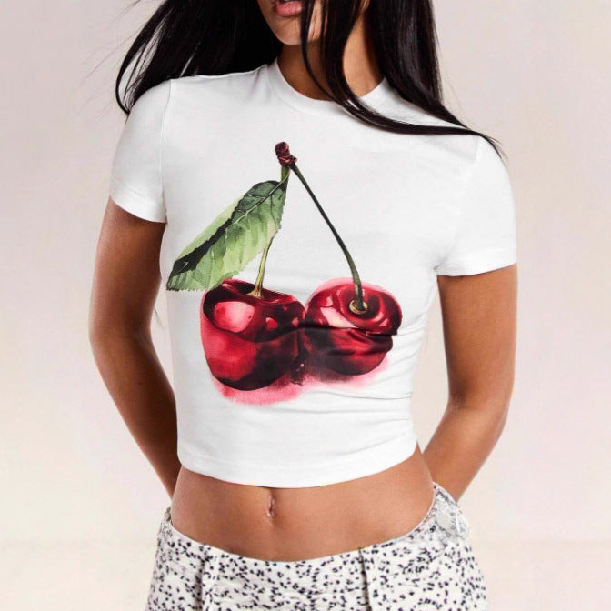 Women's Crop T-Shirt with Cherry Motif