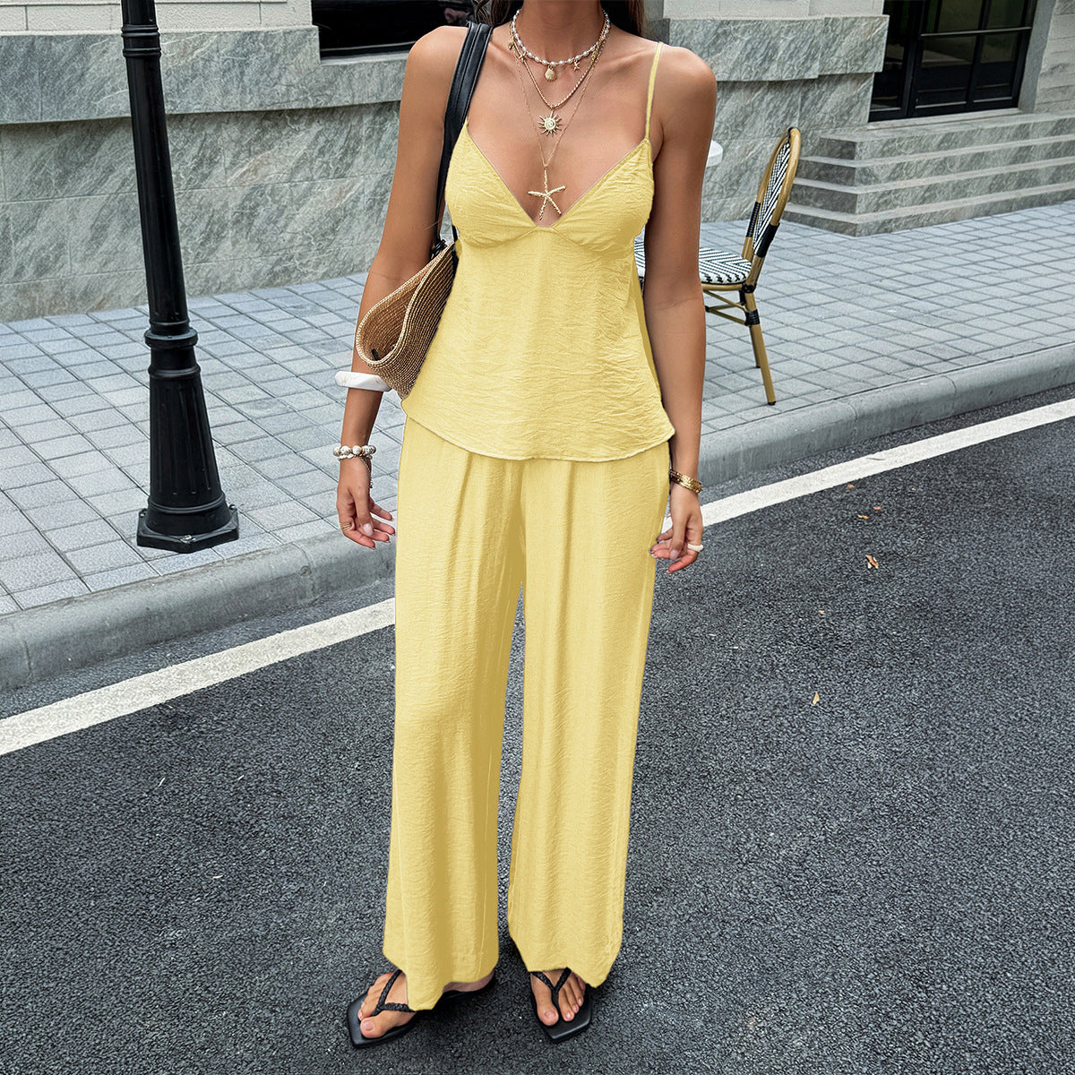 Women's Airy Two-Piece Set with Thin Straps and Wide-Leg Pants