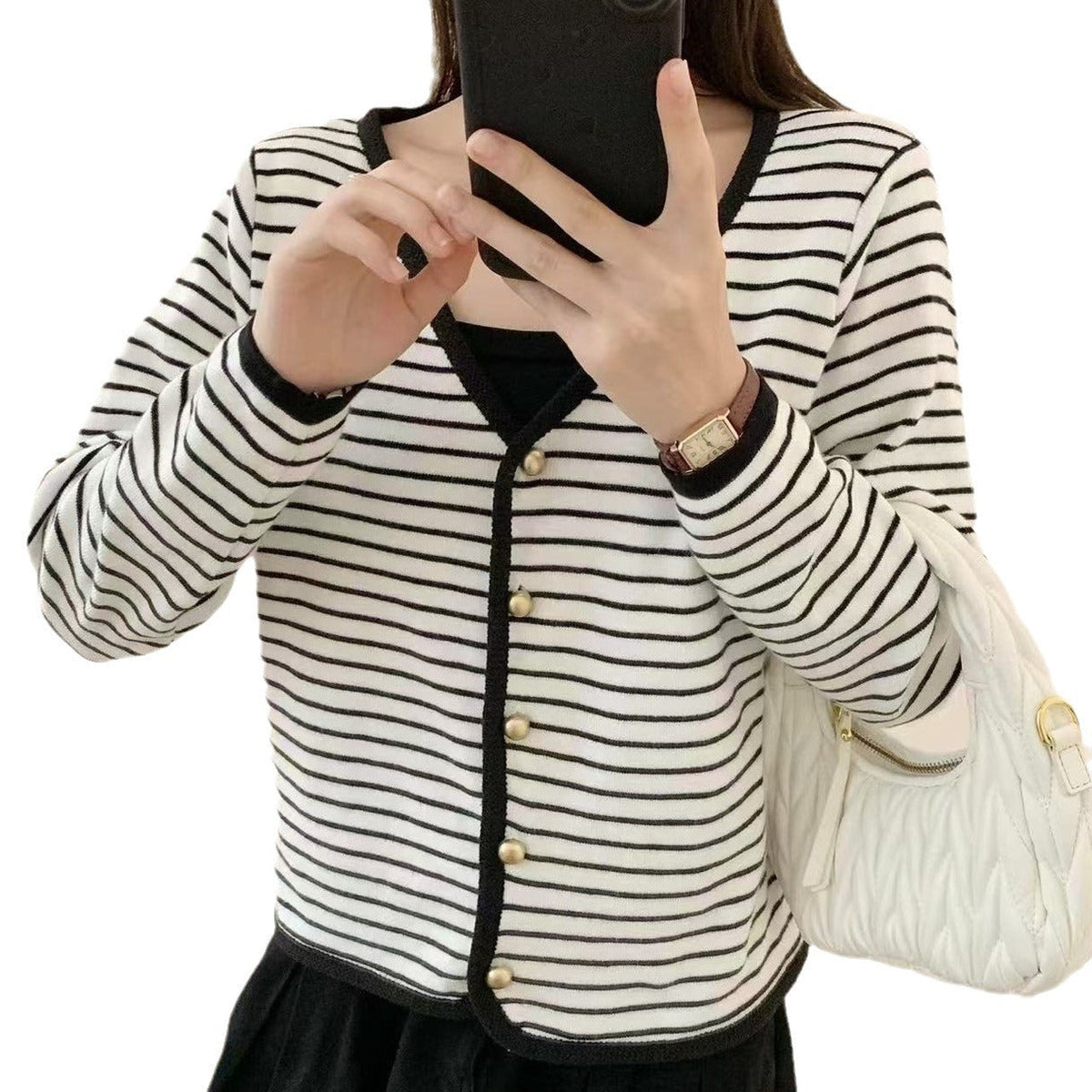 Women's Striped Cardigan with Buttons and V-Neck