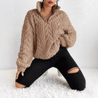 Women's Fluffy Oversized Zip-Up Pullover with Ribbed Texture