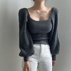 Women's Fine Knit Sweater with Square Neck and Wide Sleeves