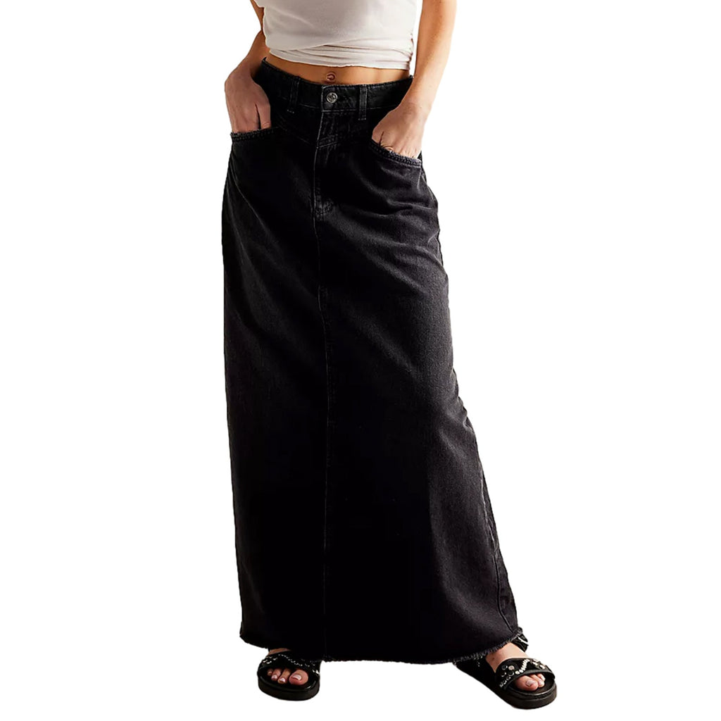 Women's Black Denim Maxi Skirt with Side Pockets and Casual Cut