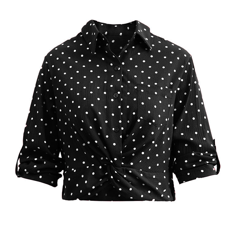 Women's Short Sleeve Knot Shirt with Polka Dot Pattern