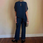 Elegant Ensemble with Flowing Top and Wide-Leg Trousers