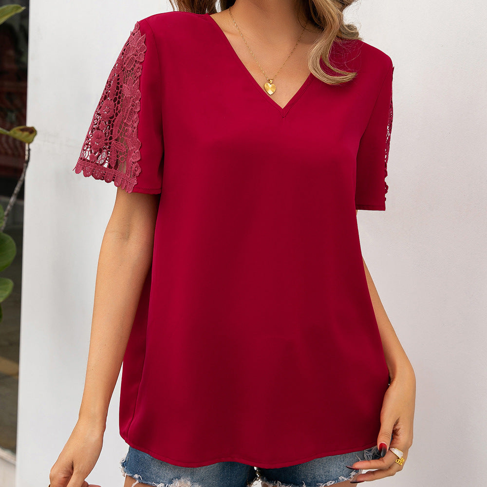 Women's Blouse with Lace Accents and V-Neck