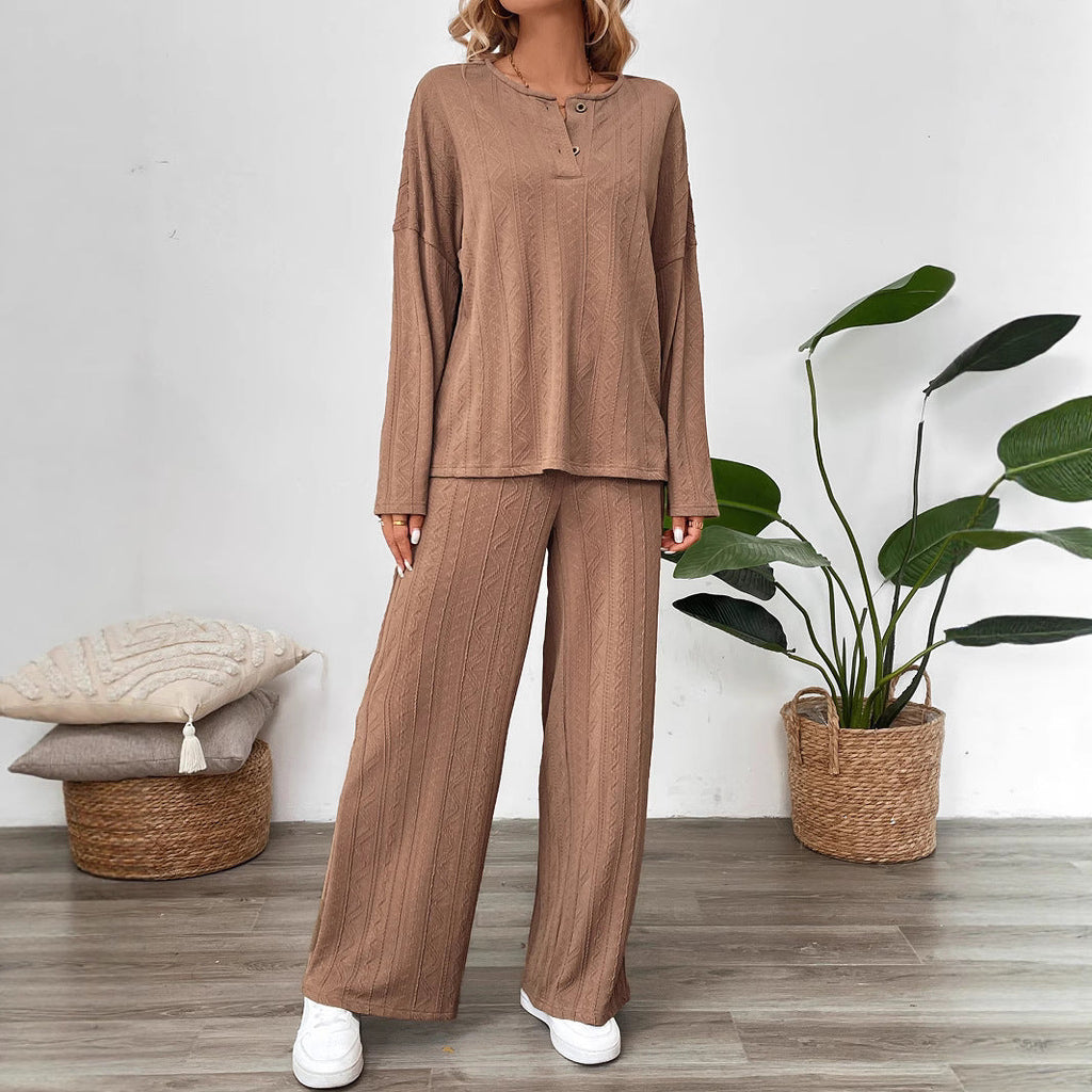 Women's Cozy Knit Set with Wide Leg and Button Placket