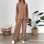 Women's Cozy Knit Set with Wide Leg and Button Placket