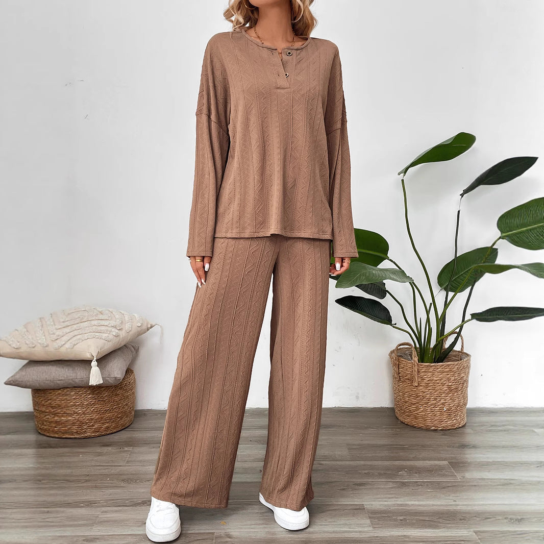 Women's Cozy Knit Set with Wide Leg and Button Placket