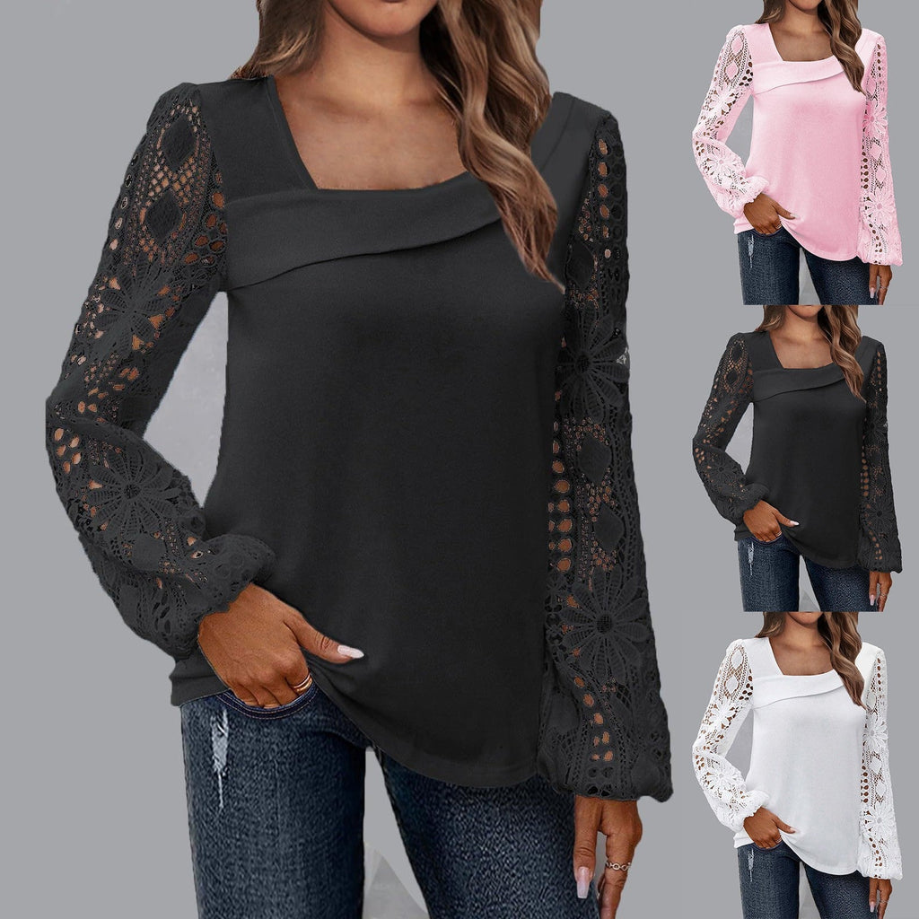 Women's Blouse with Floral Lace Sleeves and Voluminous Fit
