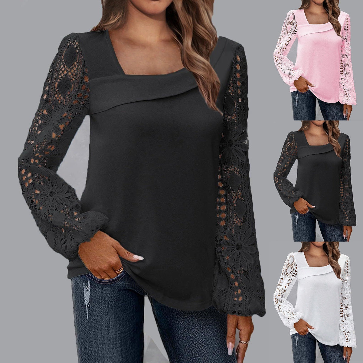 Women's Blouse with Floral Lace Sleeves and Voluminous Fit