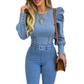 Women's Denim Jumpsuit with Puff Sleeves and Belt