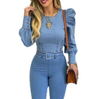 Women's Denim Jumpsuit with Puff Sleeves and Belt