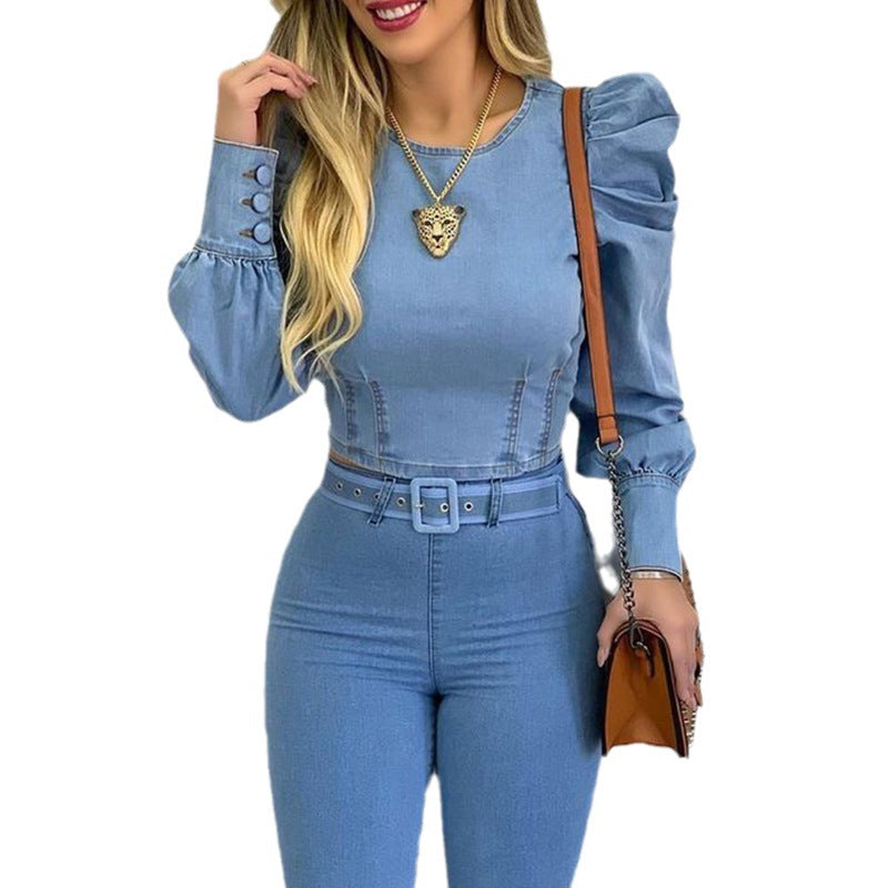 Women's Denim Jumpsuit with Puff Sleeves and Belt