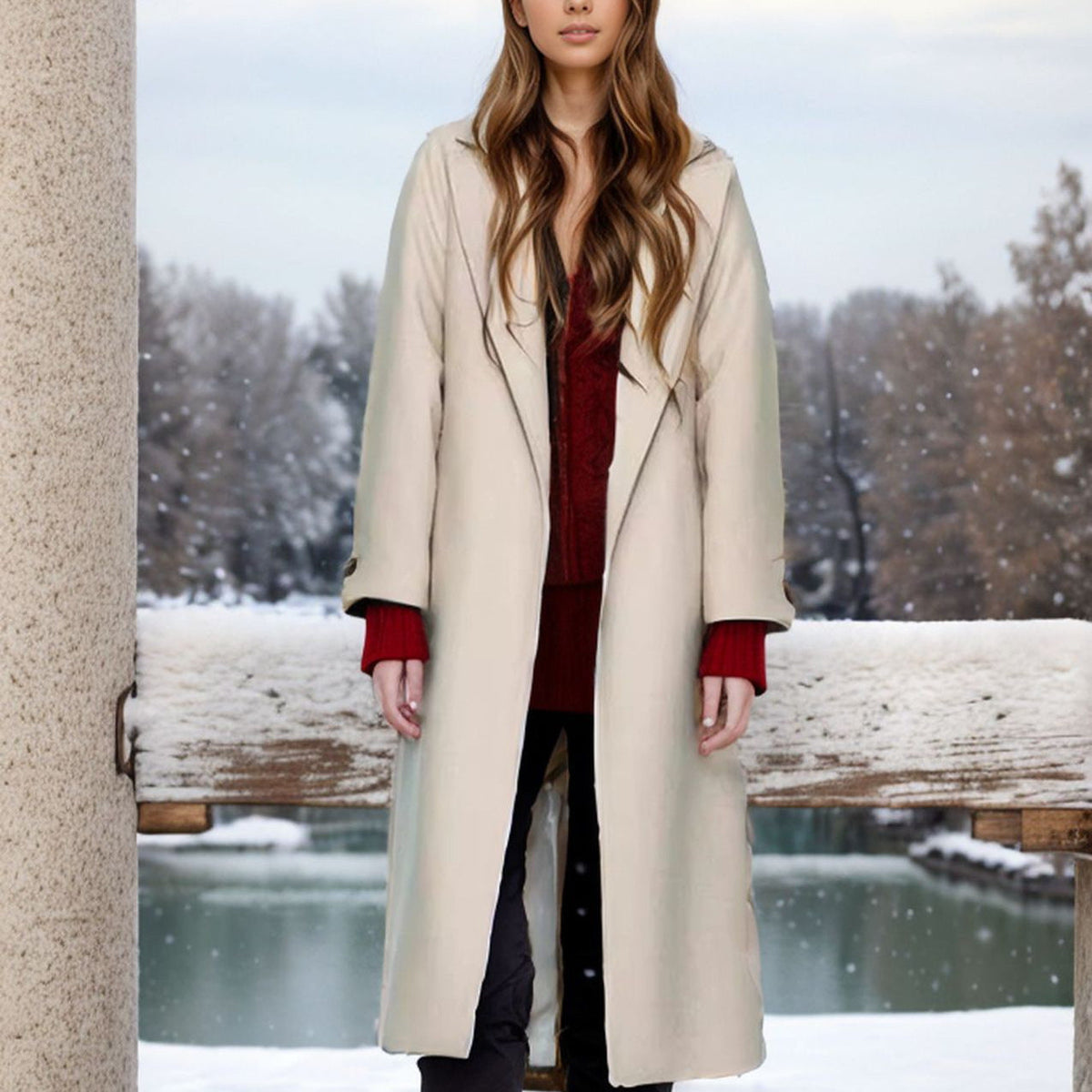 Women's Elegant Long Coat with Wide Lapel and Belt