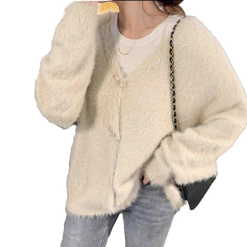 Women's Fluffy Knit Cardigan with Elegant Button Details