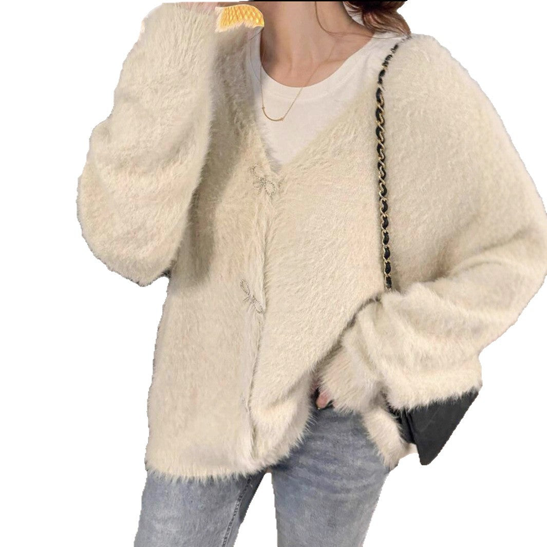 Women's Fluffy Knit Cardigan with Elegant Button Details