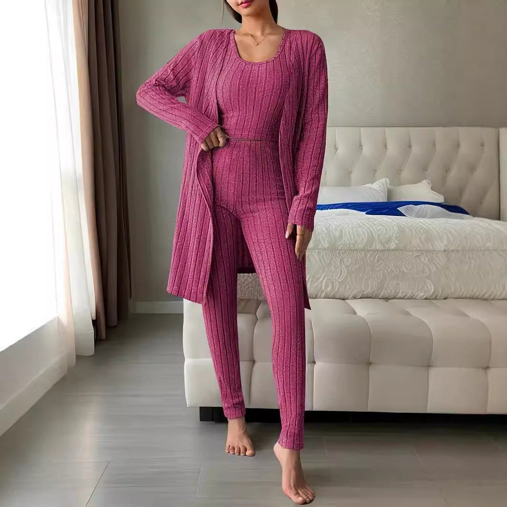 Women's Ribbed Lounge Set with Cropped Top, High-Waist Leggings and Long Cardigan