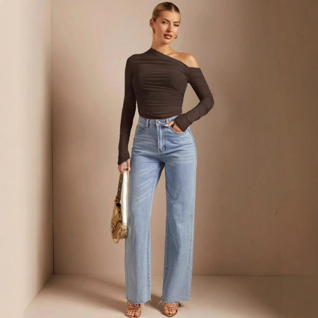 Women's Asymmetrical Long-Sleeve Bodysuit with Ruching