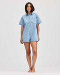 Women's Short-Sleeve Denim Jumpsuit with Pockets