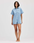 Women's Short-Sleeve Denim Jumpsuit with Pockets