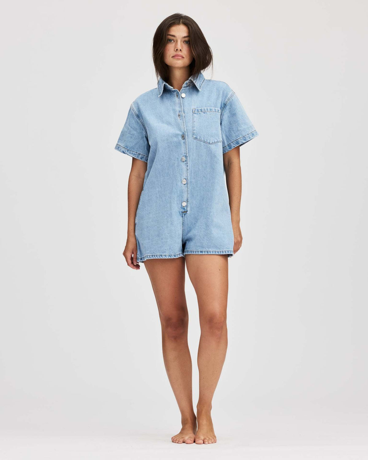 Women's Short-Sleeve Denim Jumpsuit with Pockets