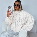 Women's Chunky Knit Sweater with Modern Cable Pattern and Casual Cut