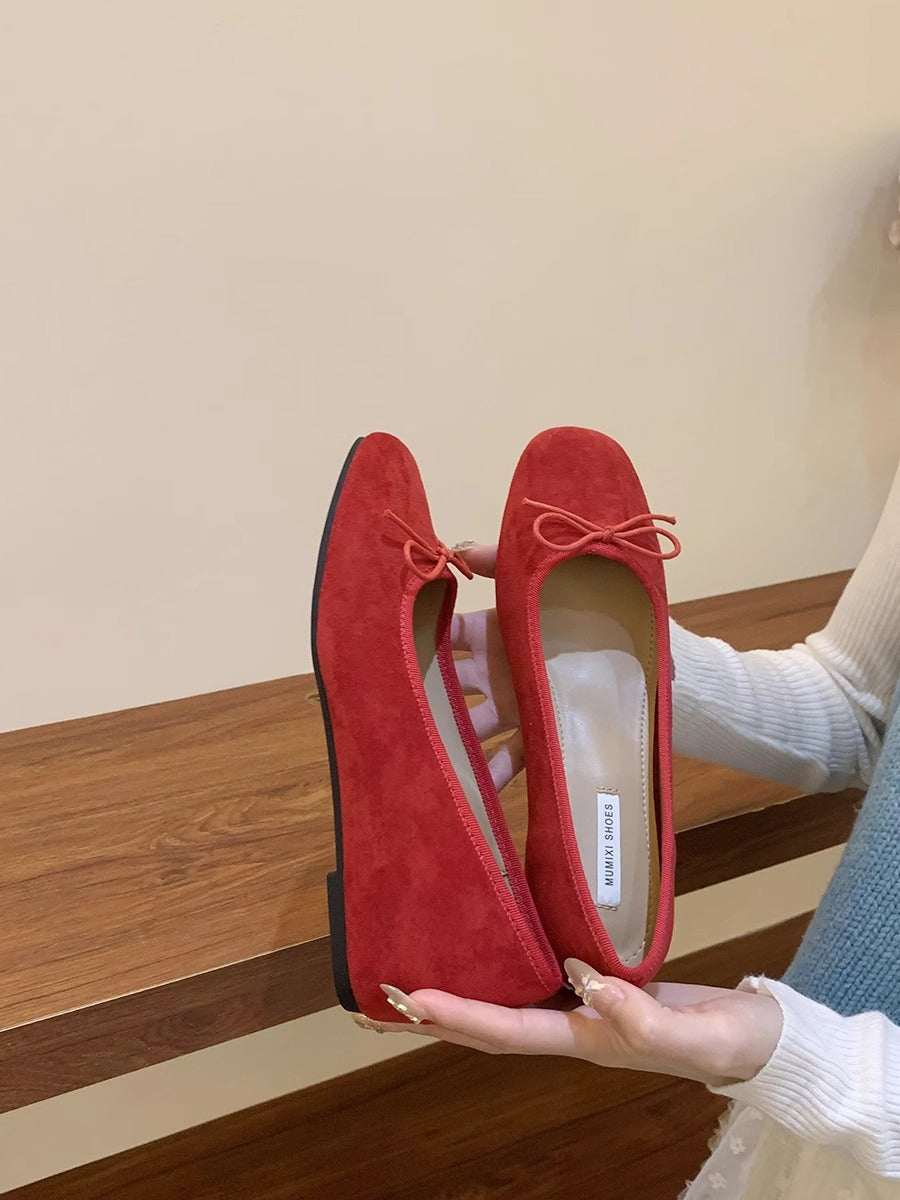 Women's Suede Ballet Flats with Playful Bow Detail