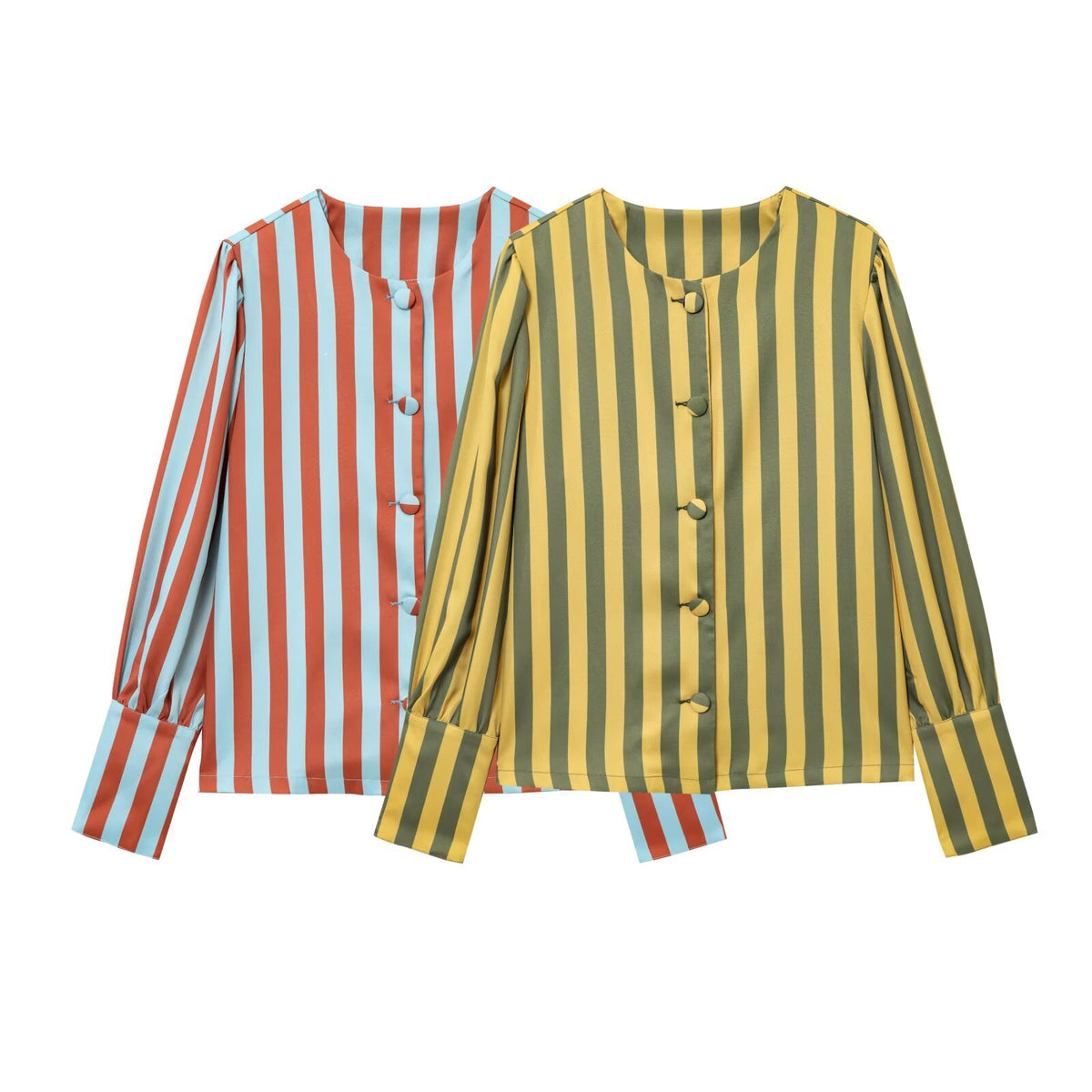 Women's Long Sleeve Striped Blouse with Puff Sleeves