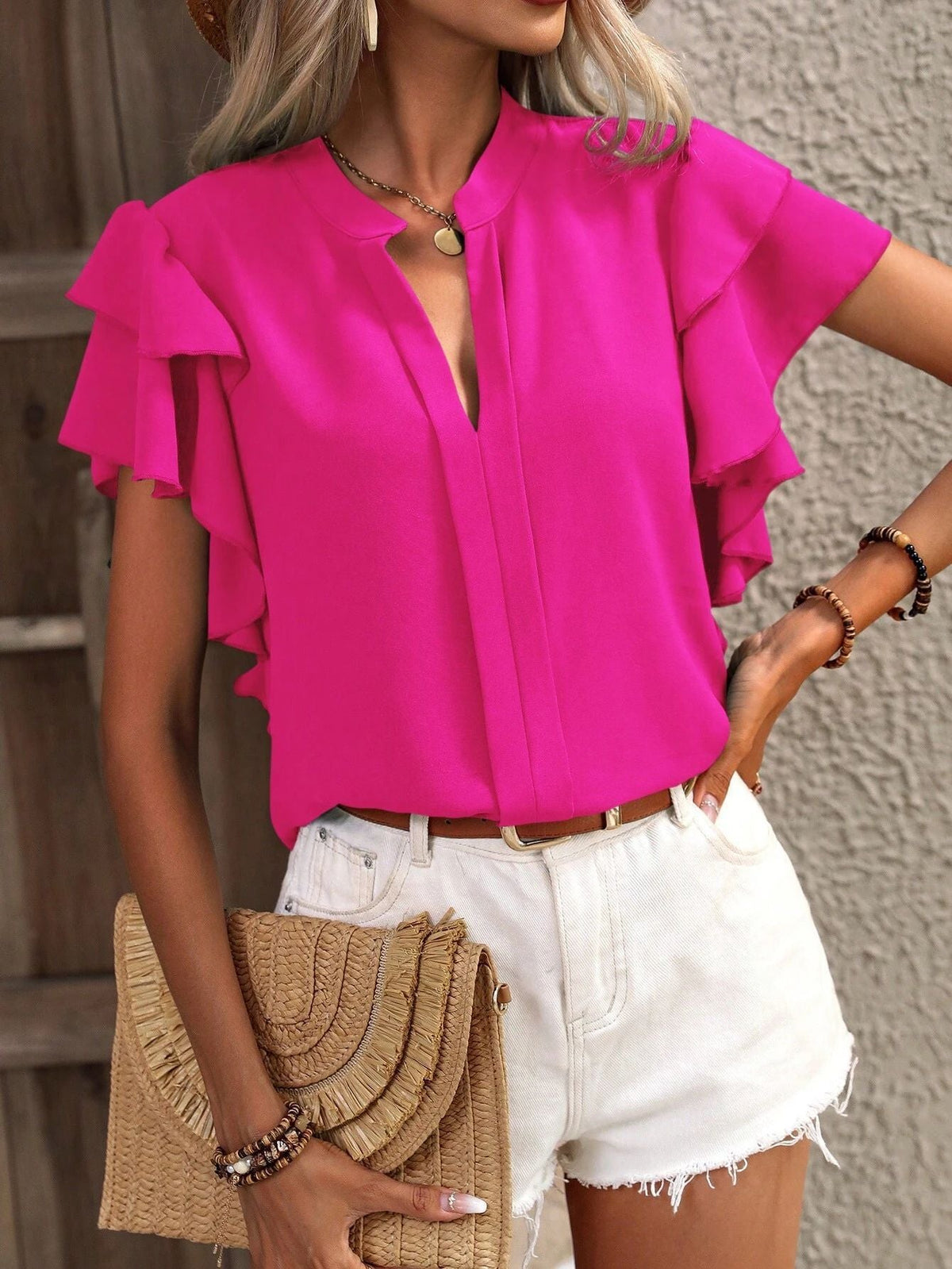 Women's Blouse with Ruffle Details and Elegant V-Neck