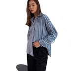 Casual Women's Cotton Blouse with Striped Design and Loose Fit
