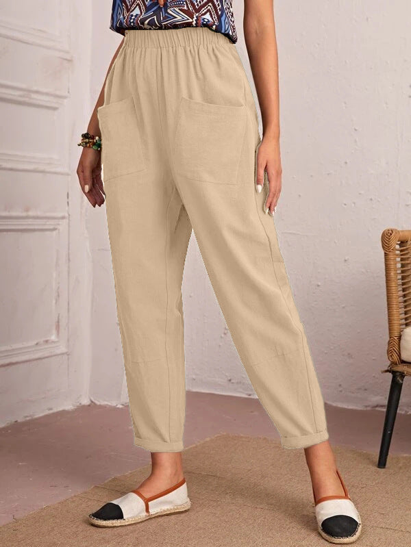 Women's Comfortable Casual Cargo Pants with Elastic Waist and Pockets