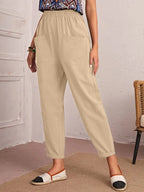 Women's Comfortable Casual Cargo Pants with Elastic Waist and Pockets