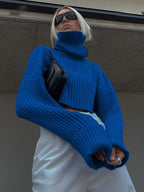 Women's Chunky Knit Sweater with High Collar and Ribbed Texture