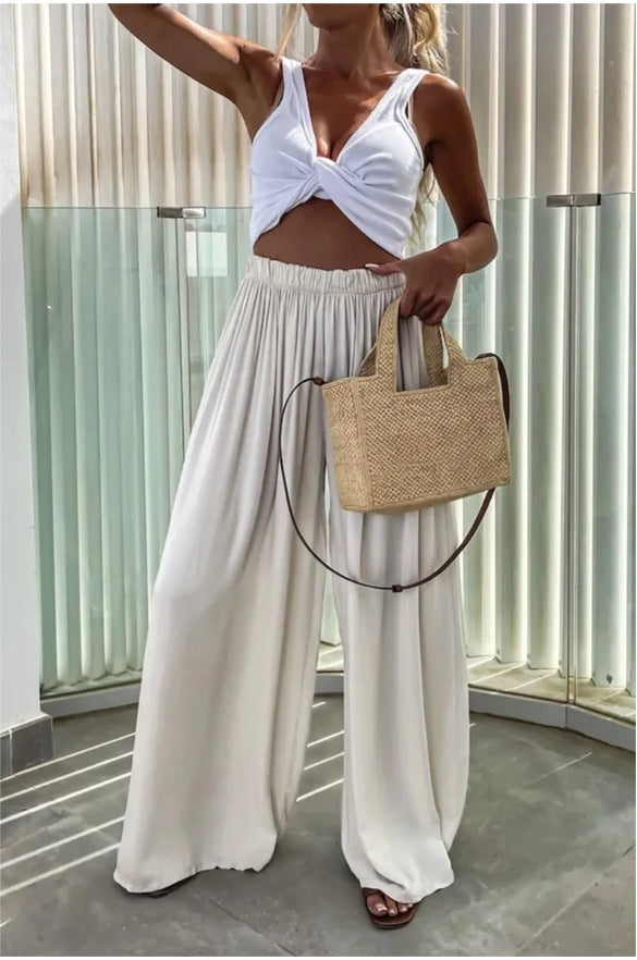 Women's Elegant Wide-Leg Summer Trousers with Elastic Waist