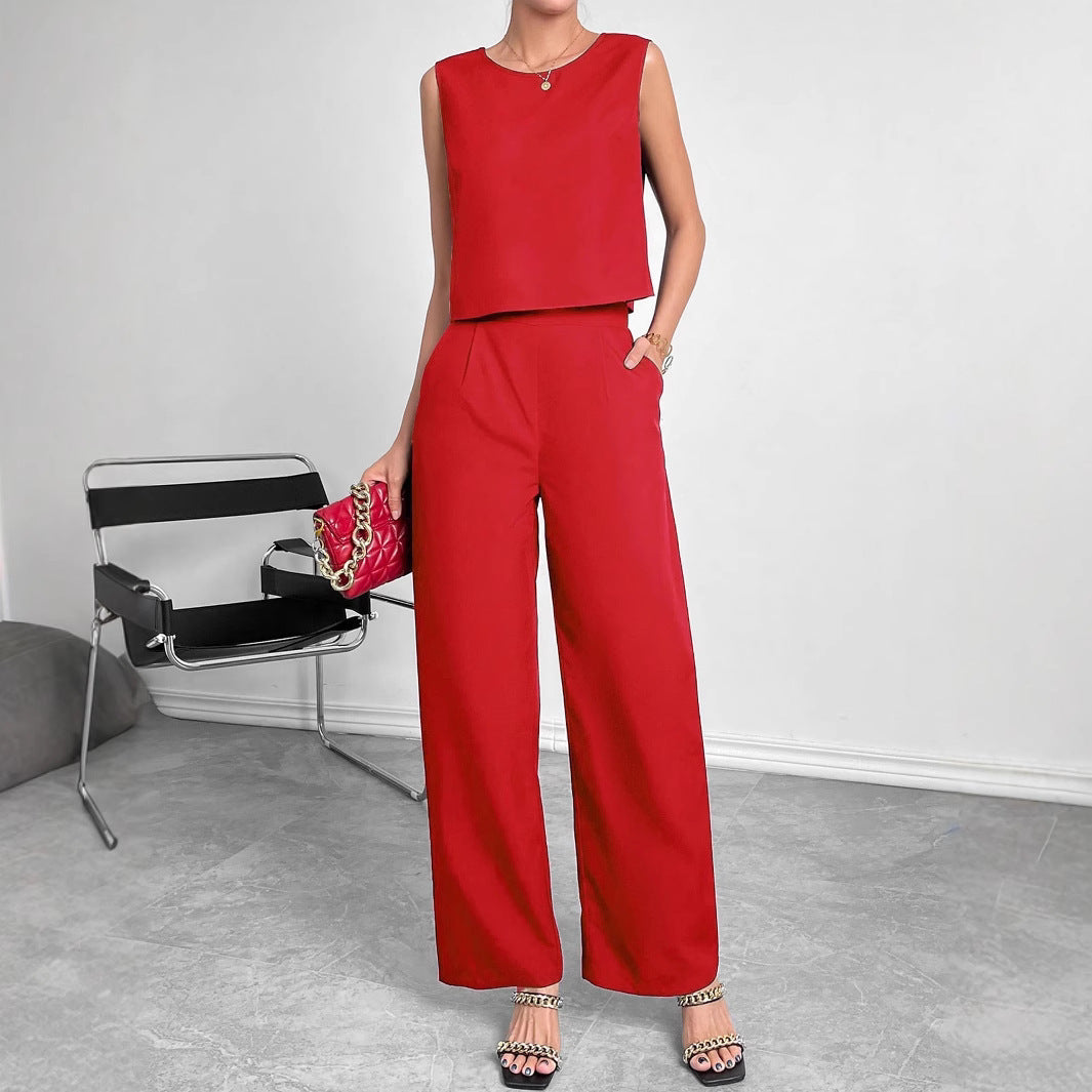 Women's Fashionable Two-Piece Set with Cropped Top and Wide-Leg Trousers