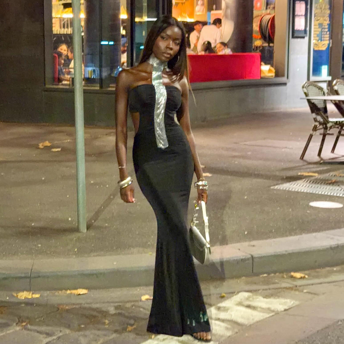 Women's Elegant Evening Dress with Slim Cut and Shiny Accents