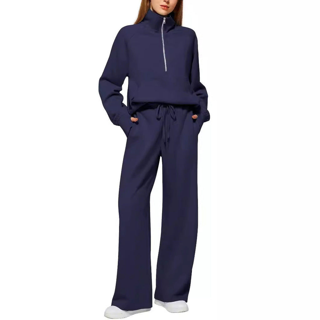 Women's Casual Sweatpants Suit with High Collar and Kangaroo Pocket