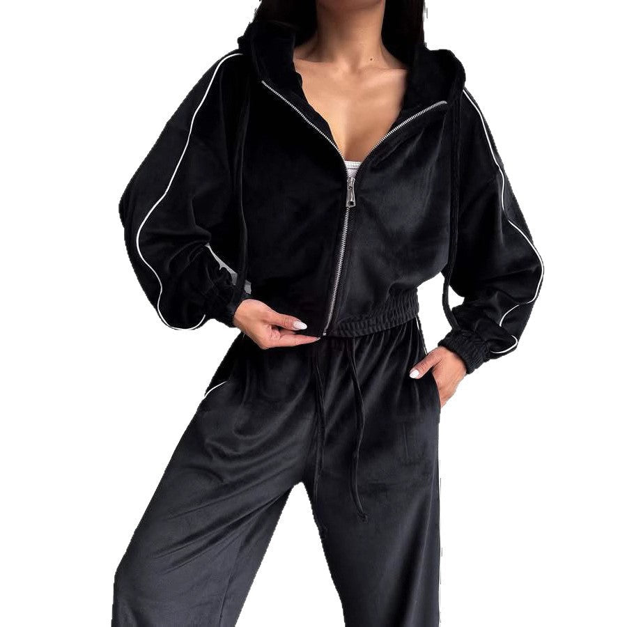 Women's Velour Loungewear Suit with Hood and Elastic Waistband