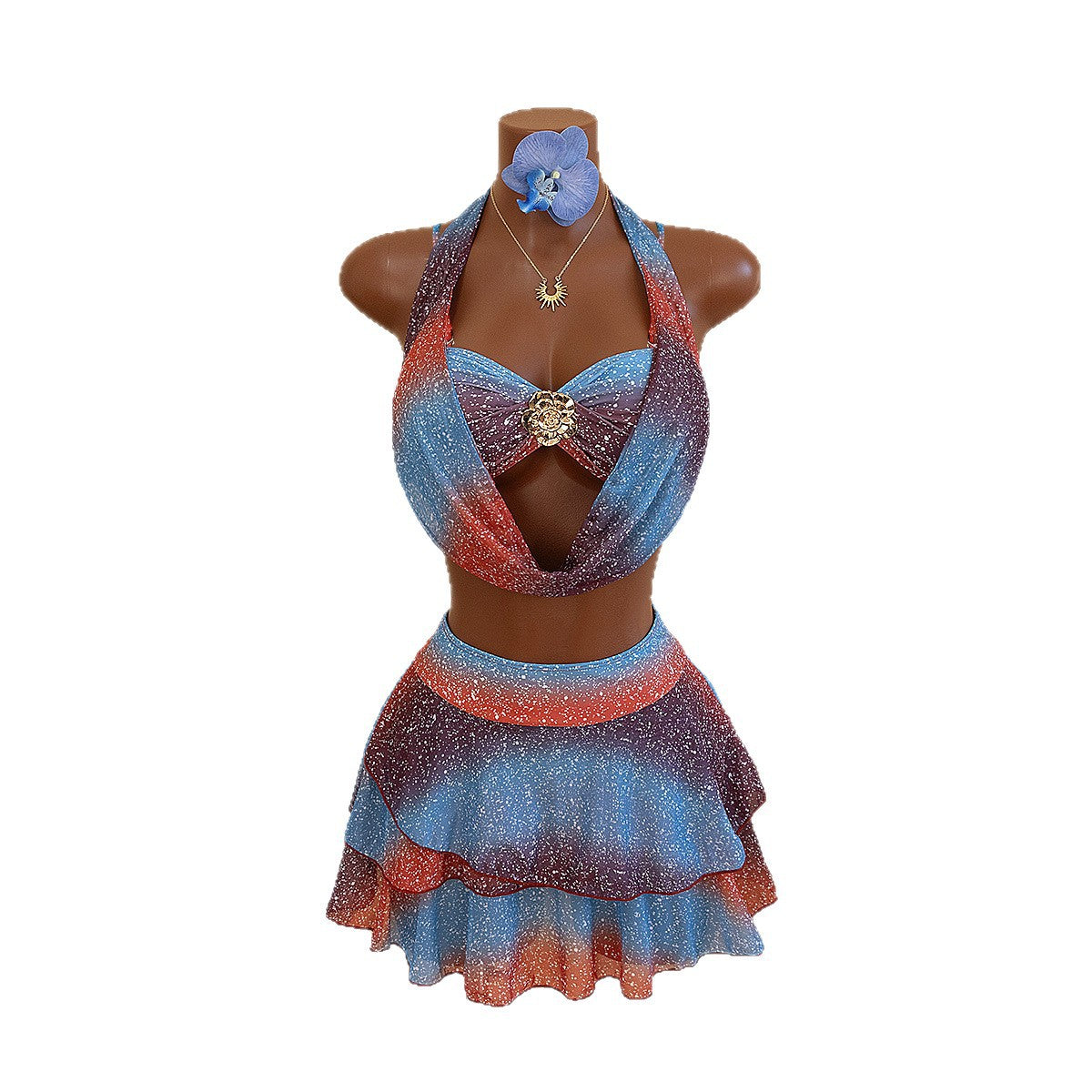 Women's Swimsuit with Deep Neckline and Shimmering Skirt