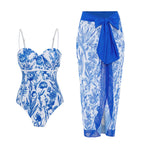 Women's Swimwear with Floral Print and Sheer Sarong Cover-Up