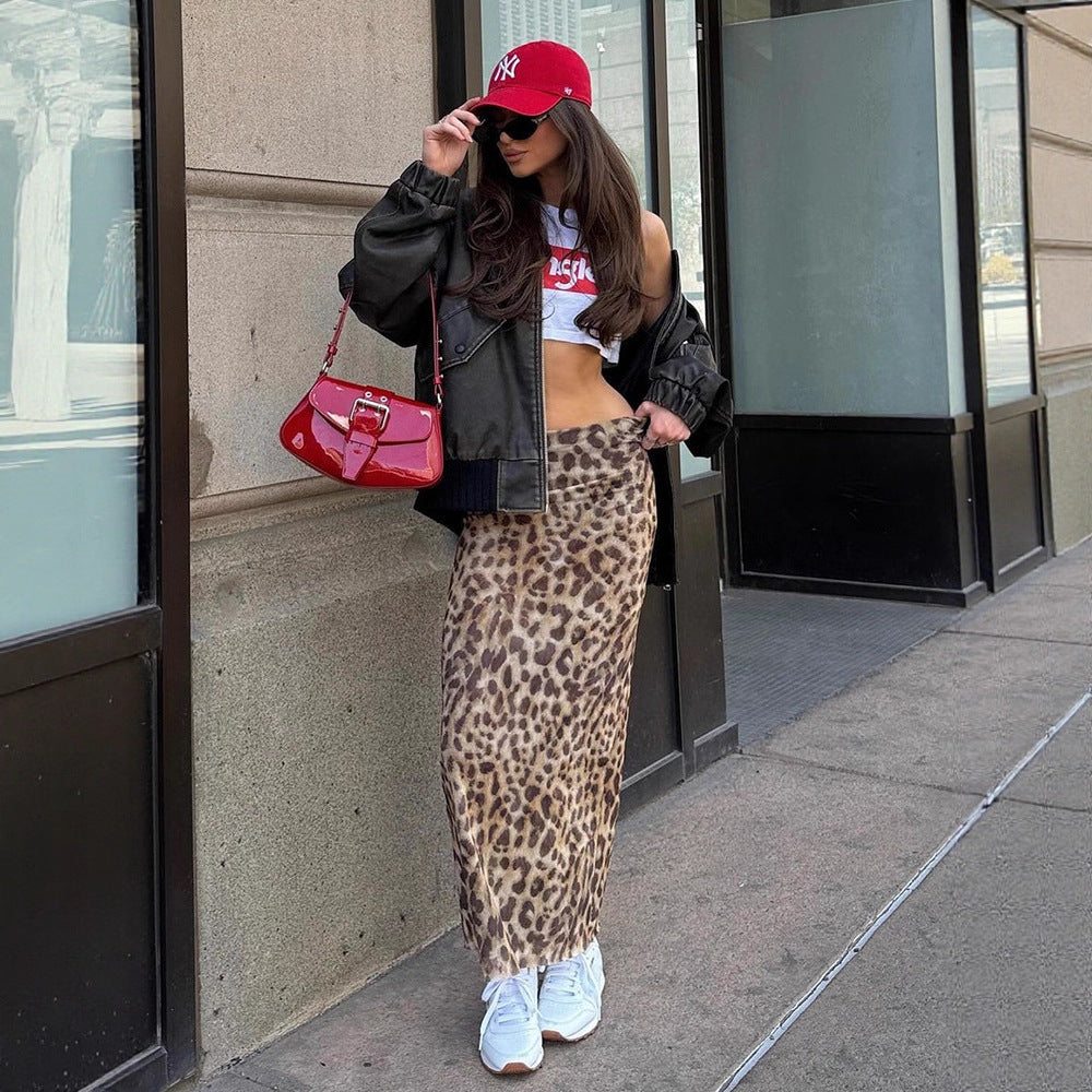 Women's Leopard Print Maxi Skirt with High Slit