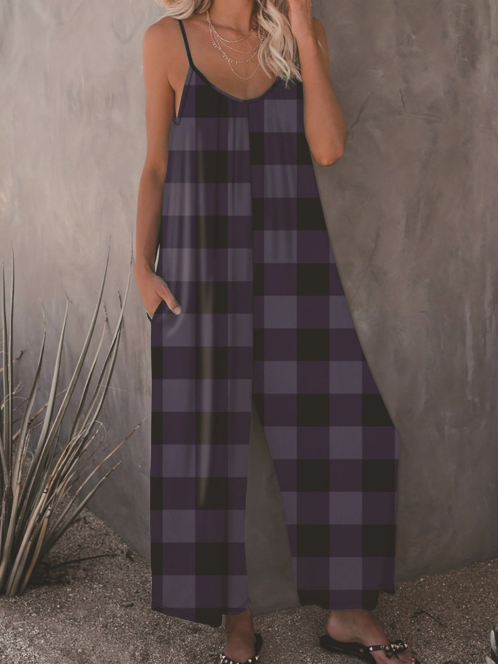 Women's Casual Plaid Jumpsuit with Pockets