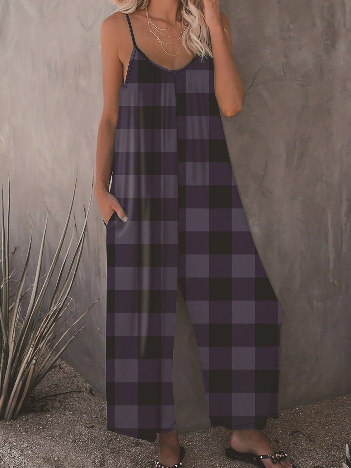 Women's Casual Plaid Jumpsuit with Pockets