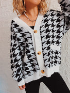 Women's Cozy Knit Cardigan with Modern Houndstooth Pattern and Button Details