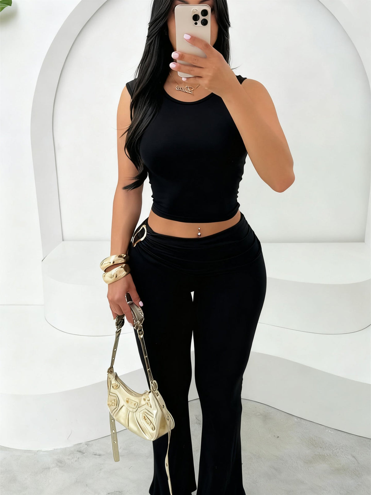 Women's Figure-Hugging Crop Top and Flared Leggings Set