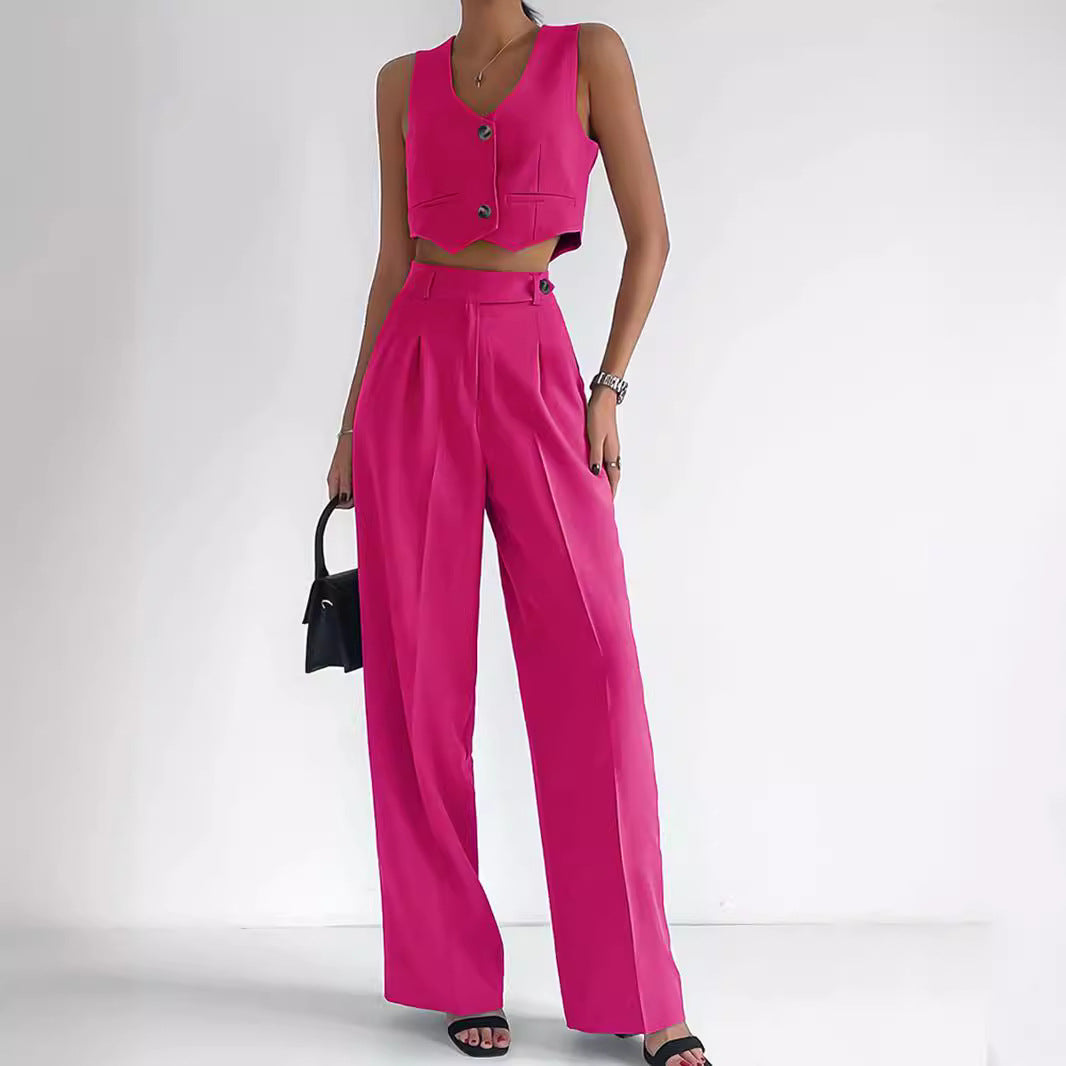 Women's Fashionable Two-Piece Set with Sleeveless Cropped Top and Wide-Leg Trousers