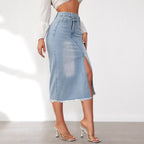 Women's Denim Midi Skirt with High Slit and Frayed Hem