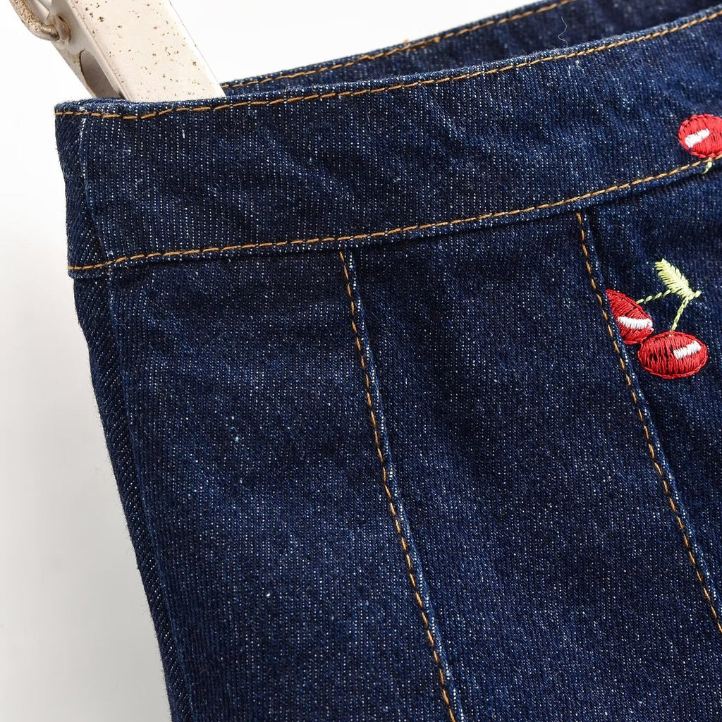 Women's Denim Skirt with Elaborate Embroidery and Pleated Design