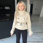 Women's Elegant Short Trench Coat with Double-Breasted Closure and Waist Belt