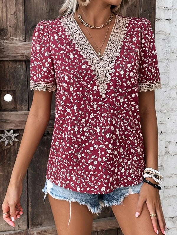 Women's V-Neck Blouse with Delicate Lace Accents